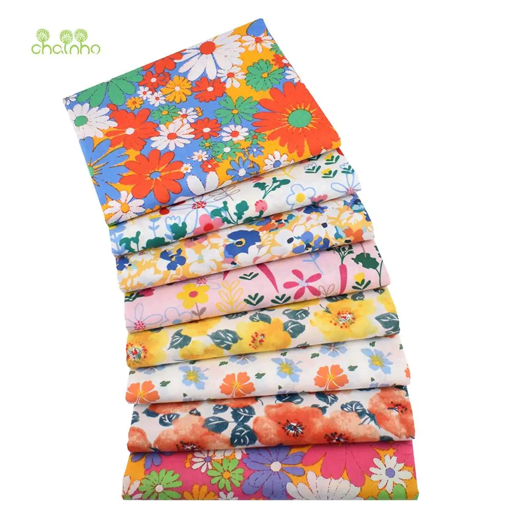 Chainho,Printed Plain Weave Poplin Cotton Fabric,DIY Quilting Sewing Material,Patchwork Cloth,Floral Series,3 Sizes,15PC10
