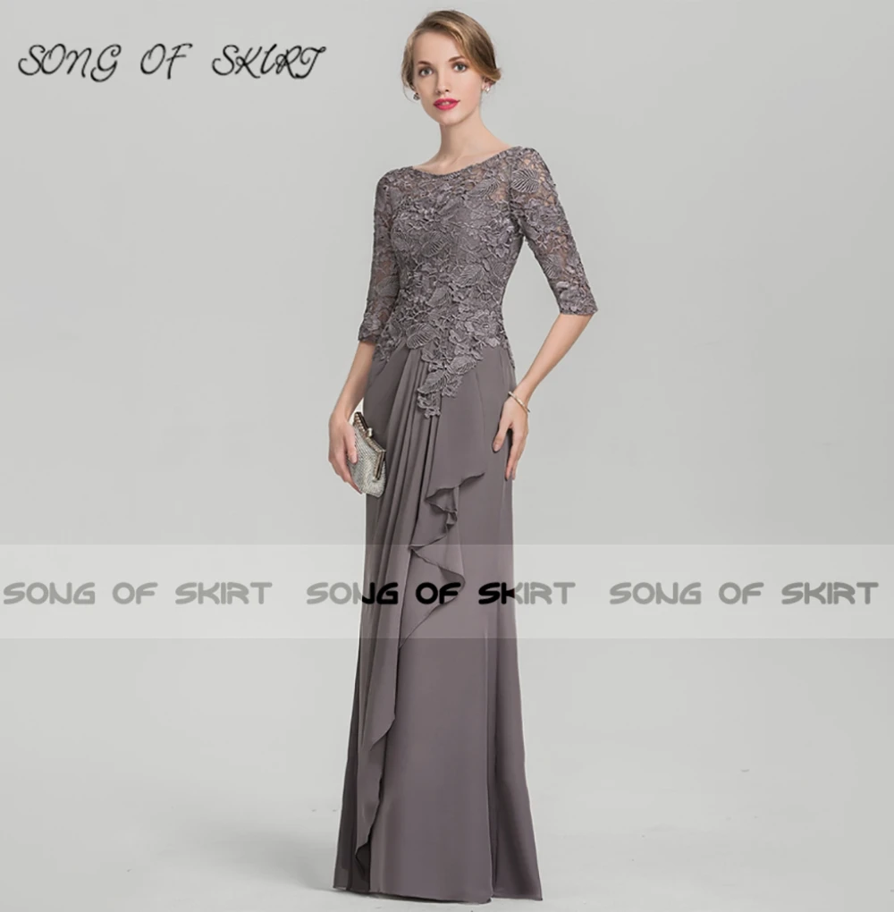 Mother Of Bride Dresses Grey Mermaid Long Lace Chiffon O Neck Mom Wedding Guests Evening Formal Gown