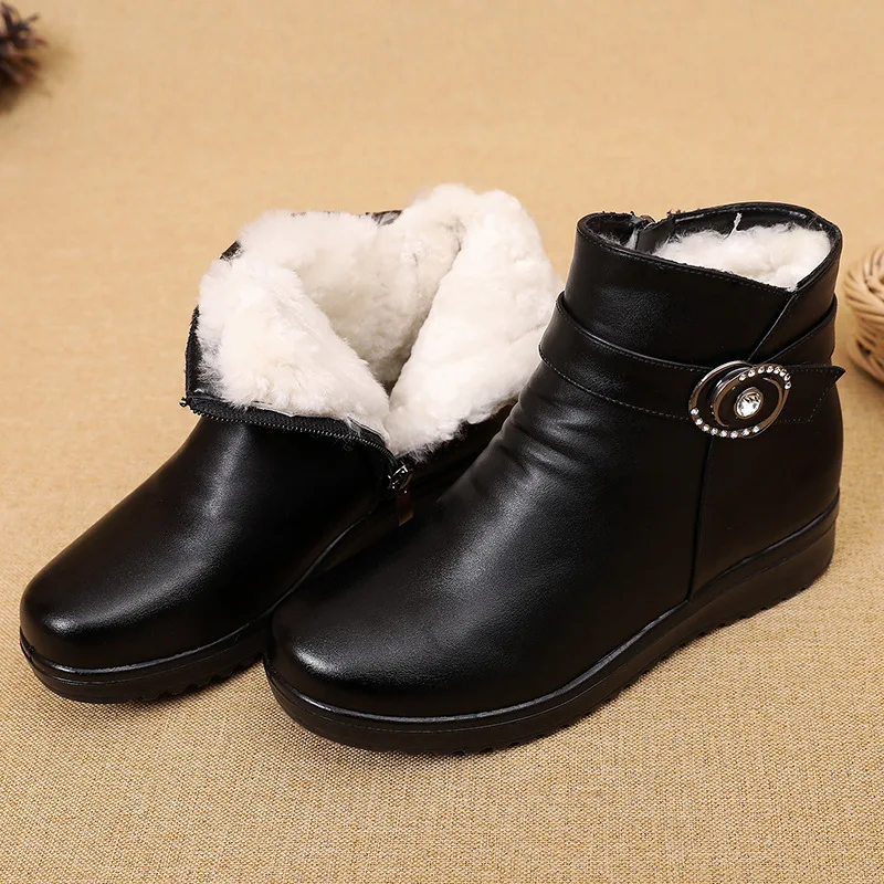 

2023 Winter Fashion Women Genuine Leather Ankle Boots Female Thick Plush Warm Snow Boots Mother Waterproof Non-slip Booties