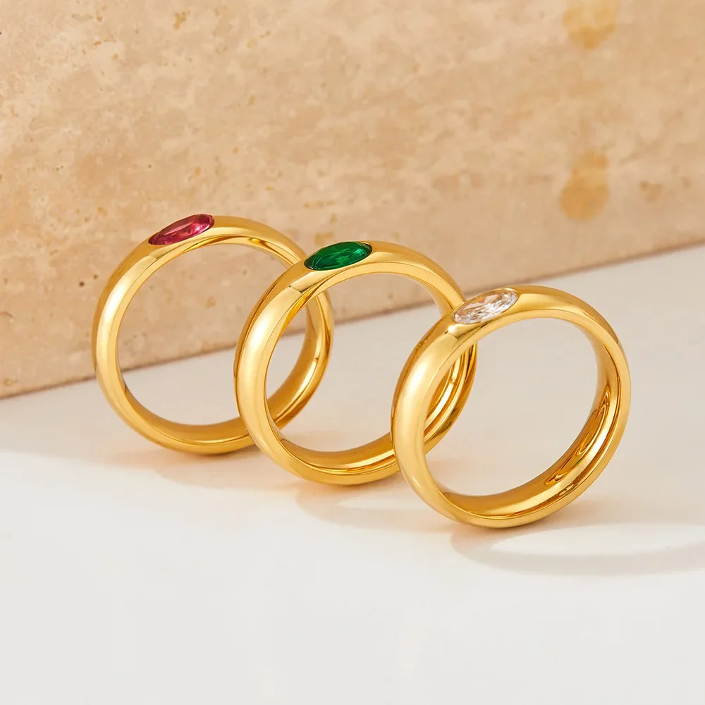 Retro Polished Stainless Steel Multicolour Crystal Oval Zircon Wedding Rings for Women 18K Gold Plated Thick Simple Knuckle Ring