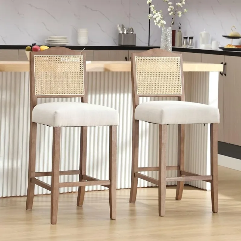 

Rattan Bar Stools Set of 2 Beige Bar Height Chairs 30 Inch Wooden Barstools with Back Farmhouse Stool Chair for Kitchen Island