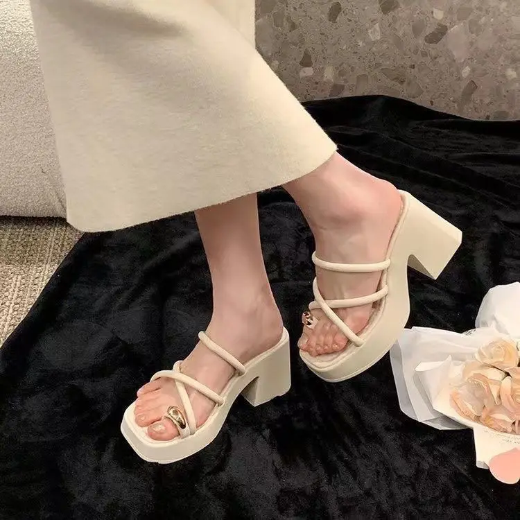 Fashionable Chunky Heel Thick Bottom High Heel Slippers Women 2024 Summer New Fashion All-Match Non-Slip Flip-Flops Women