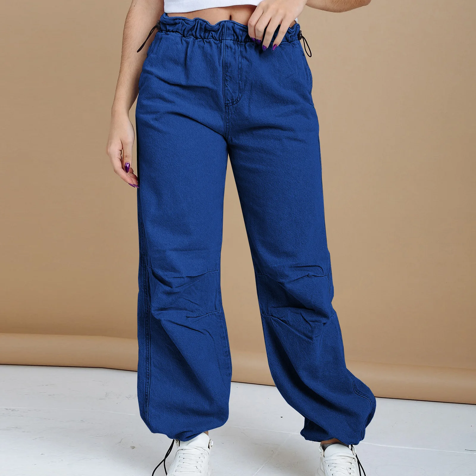 Loose Casual Elastic Drawsting Waist Denim Pants Women Hight Waist Light Blue Jeans Streetwear Fashion Autumn Long Trousers