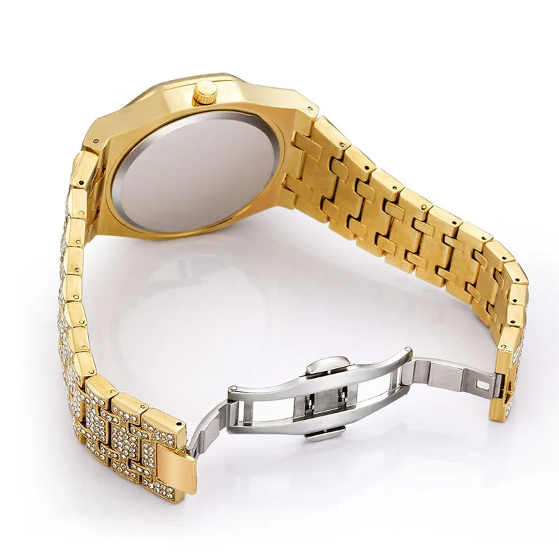 1pc / lot Cool Brand Watches For Men Hip Hop Full Diamond Golden Alloy Band Calendar Quartz Watch Relogio Masculino Ouro 2024