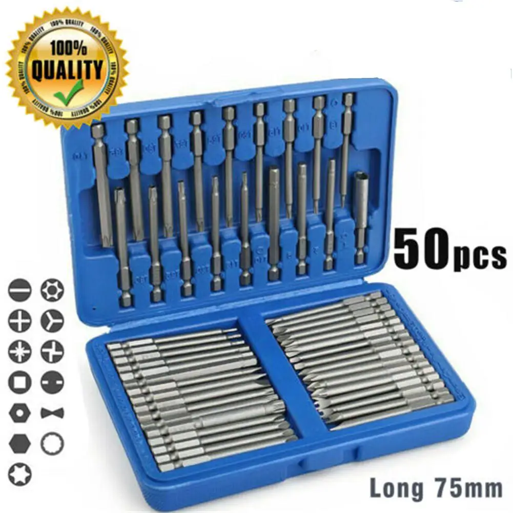 50pcs Extra Long Security Drill Bits Portable Hex Torx Star Flat Screwdriver Bit Set With Sturdy Box Tools Accessories