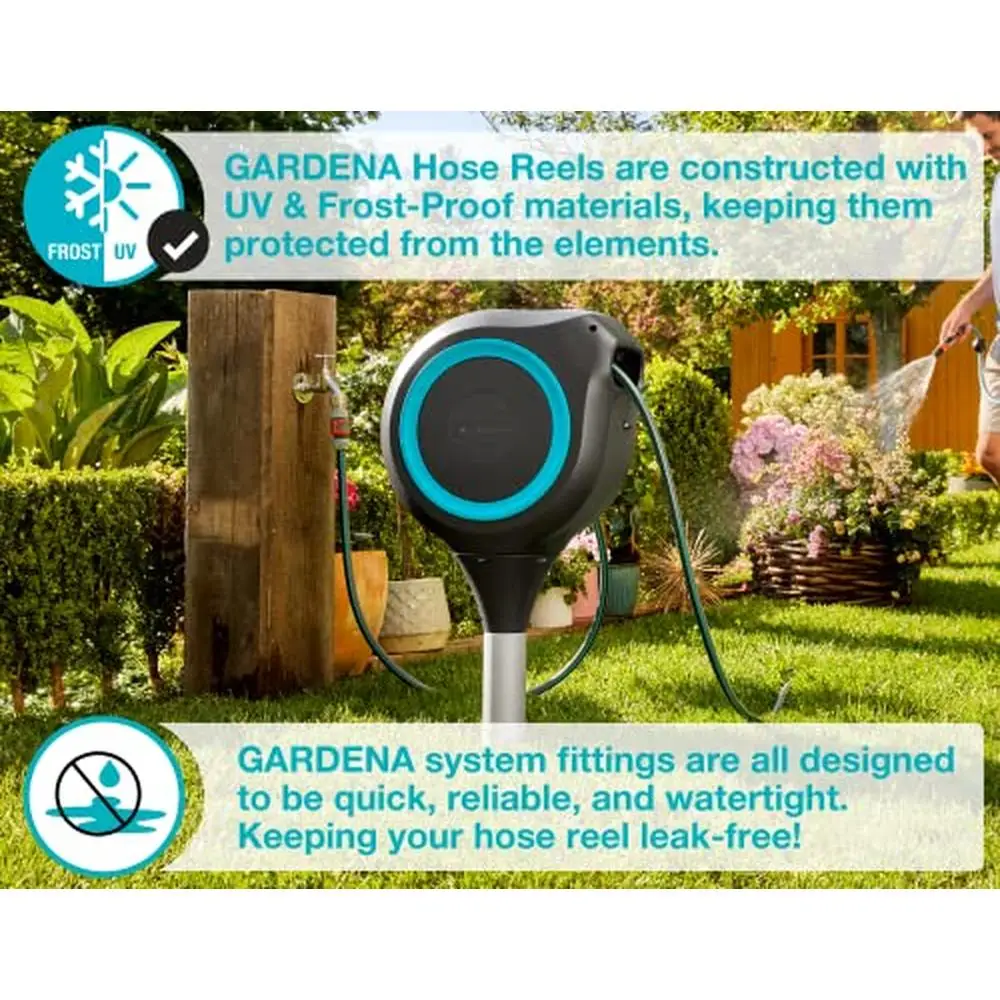 66ft Auto Retractable Hose Reel RollControl Technology 360 Degree Swivel Strong and Stable Metal Spike Feet Kit Turquoise