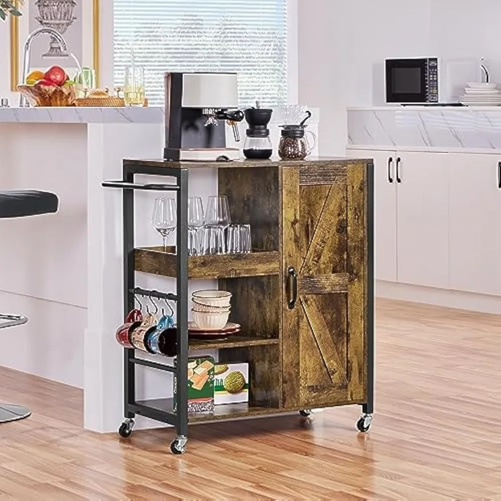 Kitchen Cart with Storage, Rolling Kitchen Island Serving Utility Trolley Cart with Storage Cabinet & Adjustable Shelves
