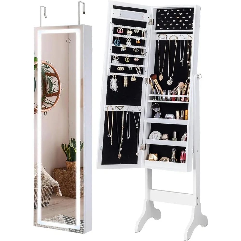 

Full Length Mirror With Storage Organizer Lockable Jewelry Armoire Makeup Mirror Freestanding/Wall Mount/Over the Door White