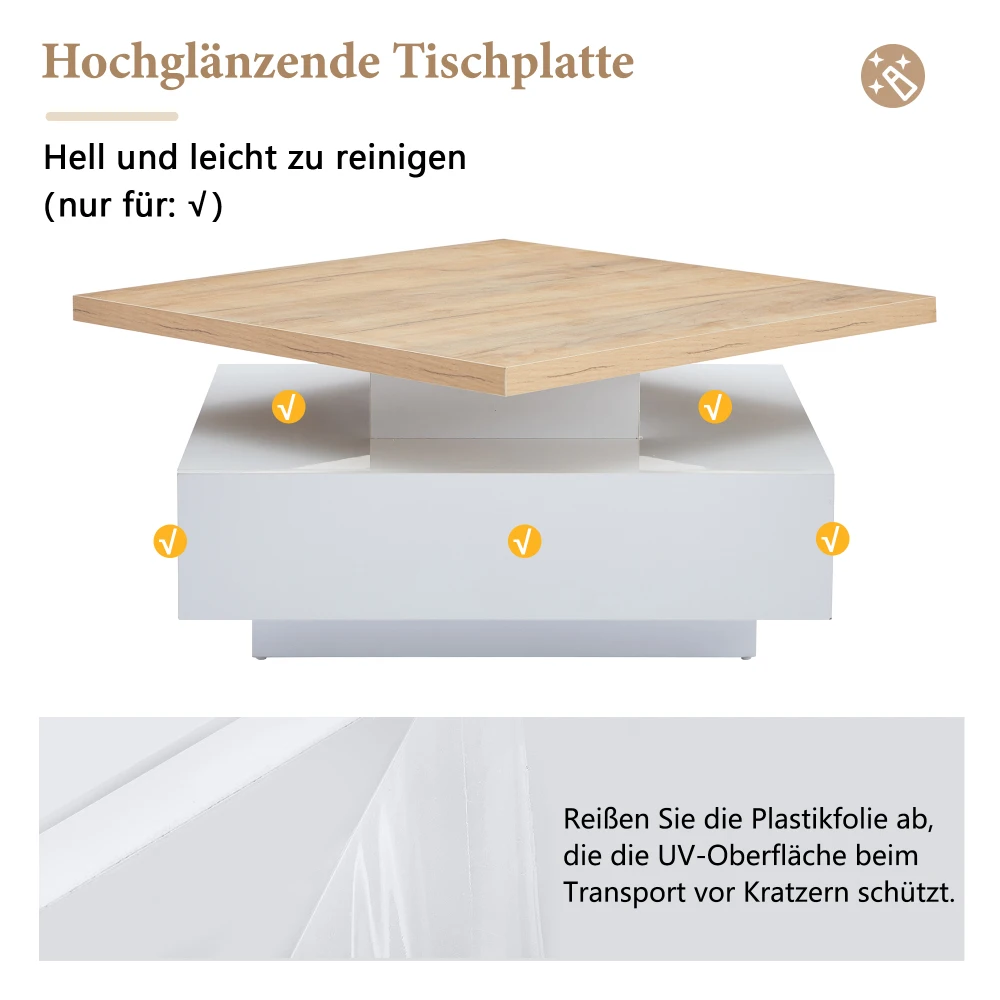 Multifunktionales Quadrat 360° ° Drehbarer Couchtisch, Hochglänzender 2-stufiger Mitteldrehtisch, Aufbewahrungsschrank, Beistelltisch für das Wohnzimmer – Detail 7