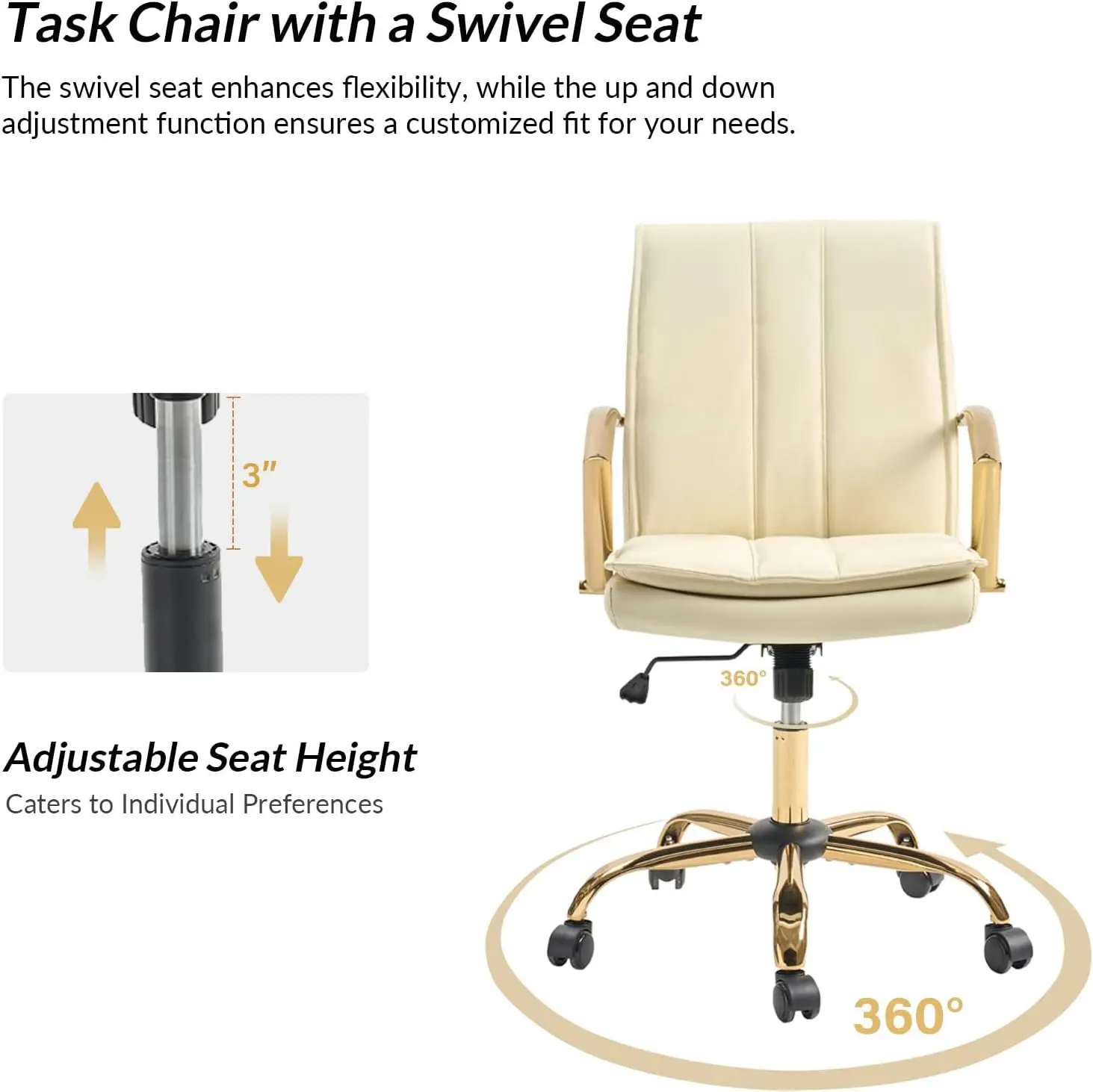 Hulala Home Faux Leather Office Chair, Modern Adjustable Swivel Rocking Rolling Wheels Computer Desk Chair With Gold Legs And 4