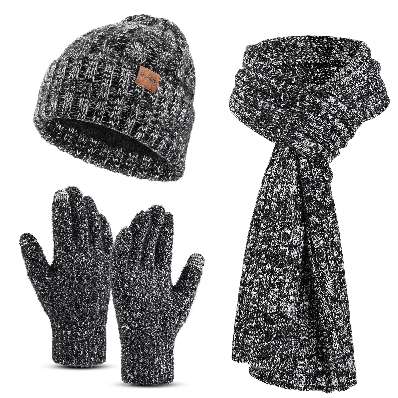 Winter Men Beanie Hat, Scarf, Touch Screen Gloves, 3 Pieces Winter