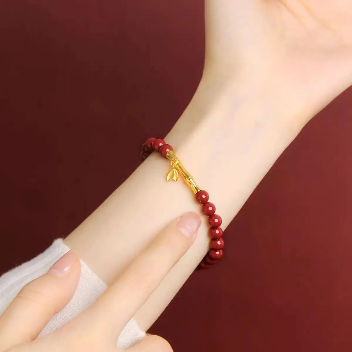 High Content Cinnabar Bracelet Real 24K Gold Plated Bamboo Charms 6MM Women's HandString Jewelry Bring In Wealth and Treasure