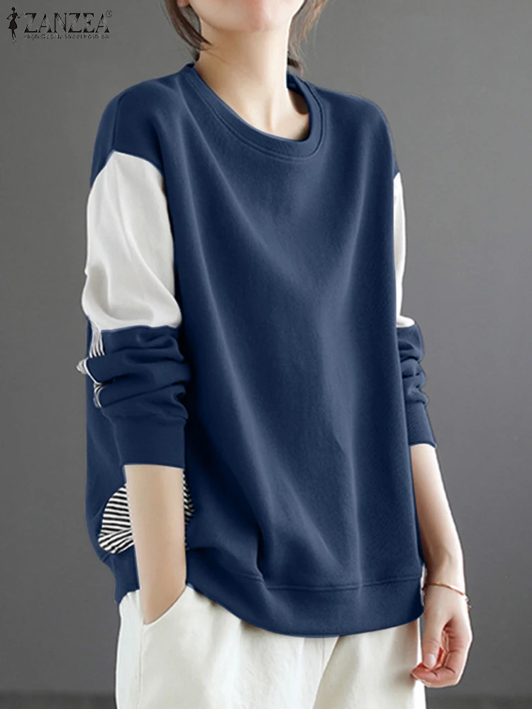 ZANZEA 2025 Autumn Long Sleeve Hoodies Women Colorblock Sweatshirt Fashion Korean Stripe Stitching Pullover Casual Loose Tops 2