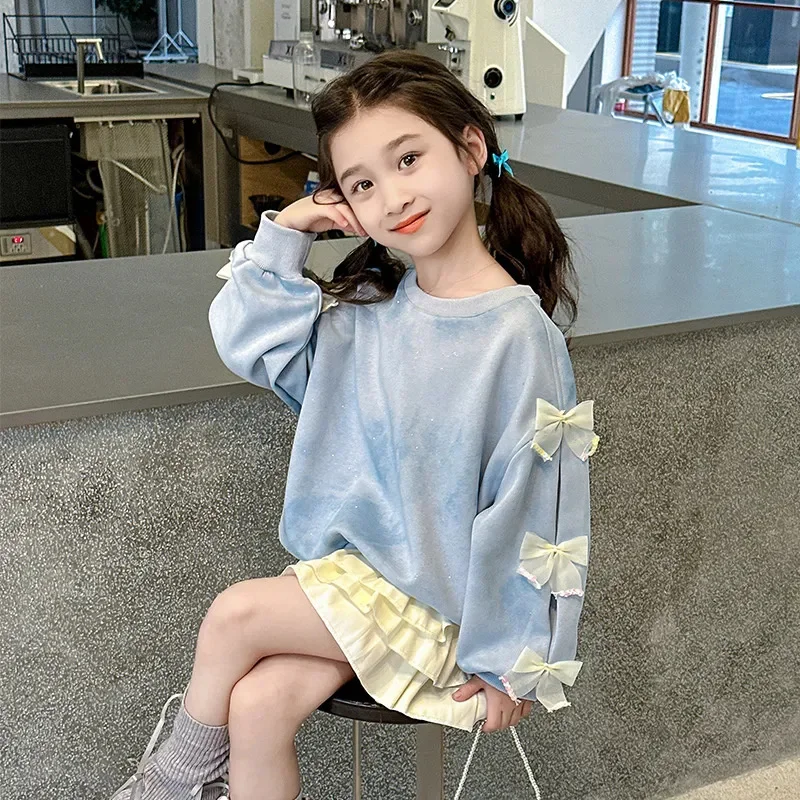 Girls Sweet Sweatshirt Spring Bow Tops Autumn New Fashion Cute Pullover Children Long Sleeve Casual Clothes 3-14 Years Old