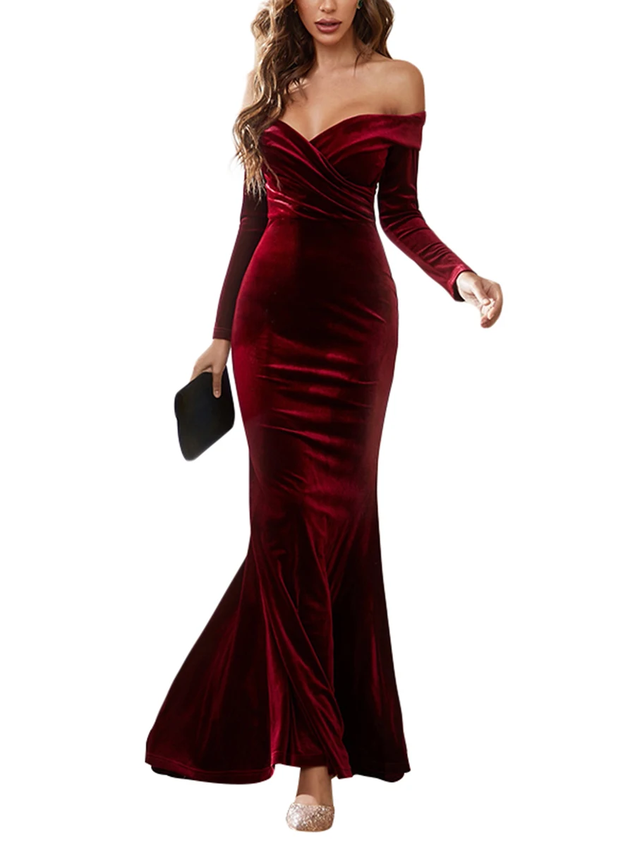 BEAFNKSG Women Velvet Long Sleeve Off Shoulder Backless Cocktail Dress Elegant Evening Prom