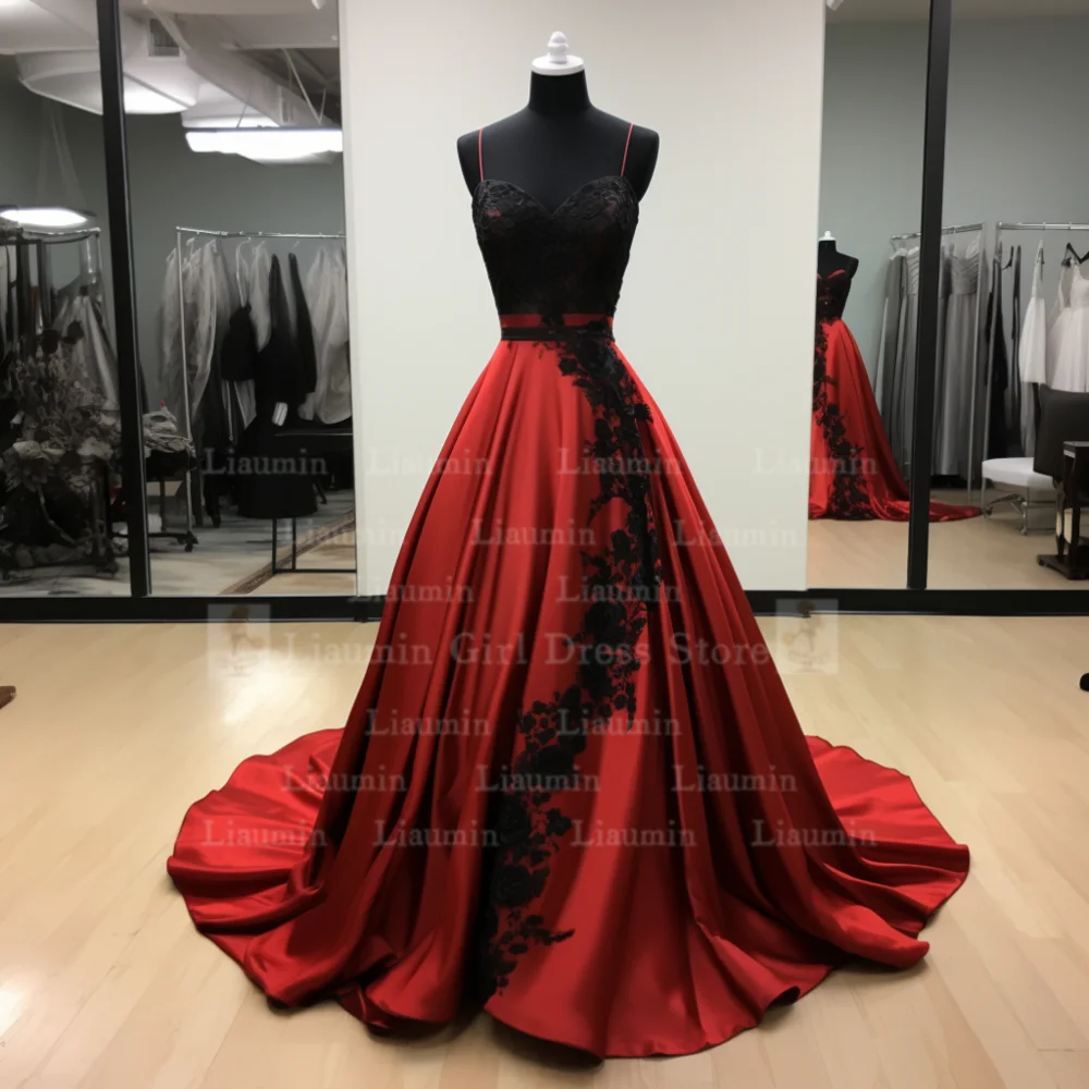 Custom Red Satin and Black Lace Edge Applique Strapless Full Length Lace Up Back Evening Dress Brithday Elagant Clothing  W1-15