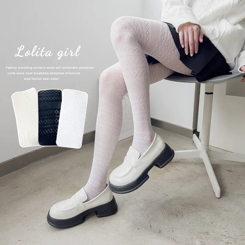 

Lolita Fashion Diamond Horizontal Jacquard Pantyhose Summer Thin Hollow Out Comfort Retro Lace Nylon Tights Wholesale