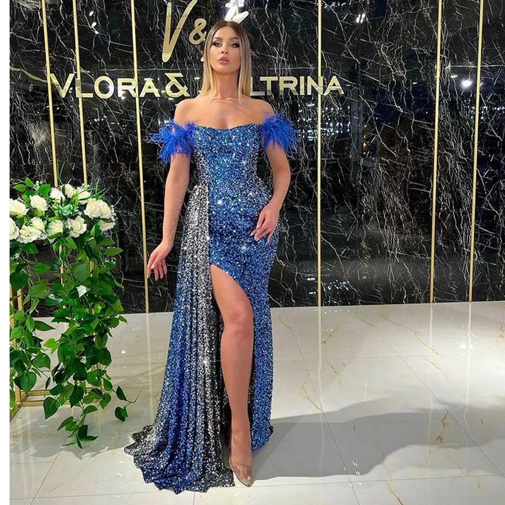 

Luxury Feathers Split Evening Dresses For Pageant Long Sequins Mermaid Party Gown Competition Women