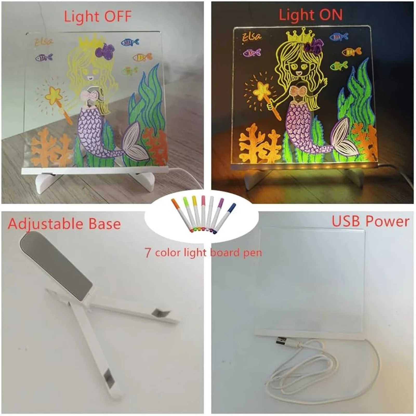 LED 조명 매직 노트 보드, 데스크탑 메모, 지울 수 있는 화이트 보드, 어린이용 DIY 페인팅, 7 색 펜