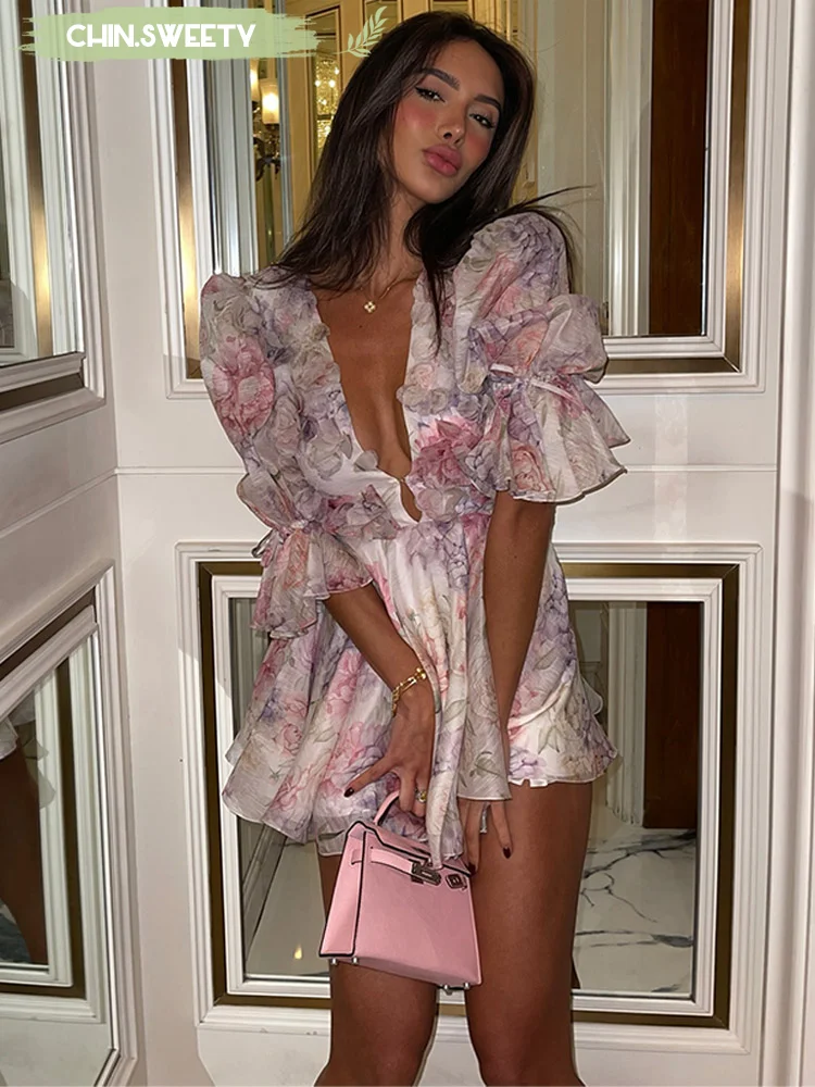 Sexy Printed Lotus Leaf Hem Short Dress Women Waist Cinched Deep V Bubble Sleeve Puffy Mini Dresses 2025 New Party Street Robe