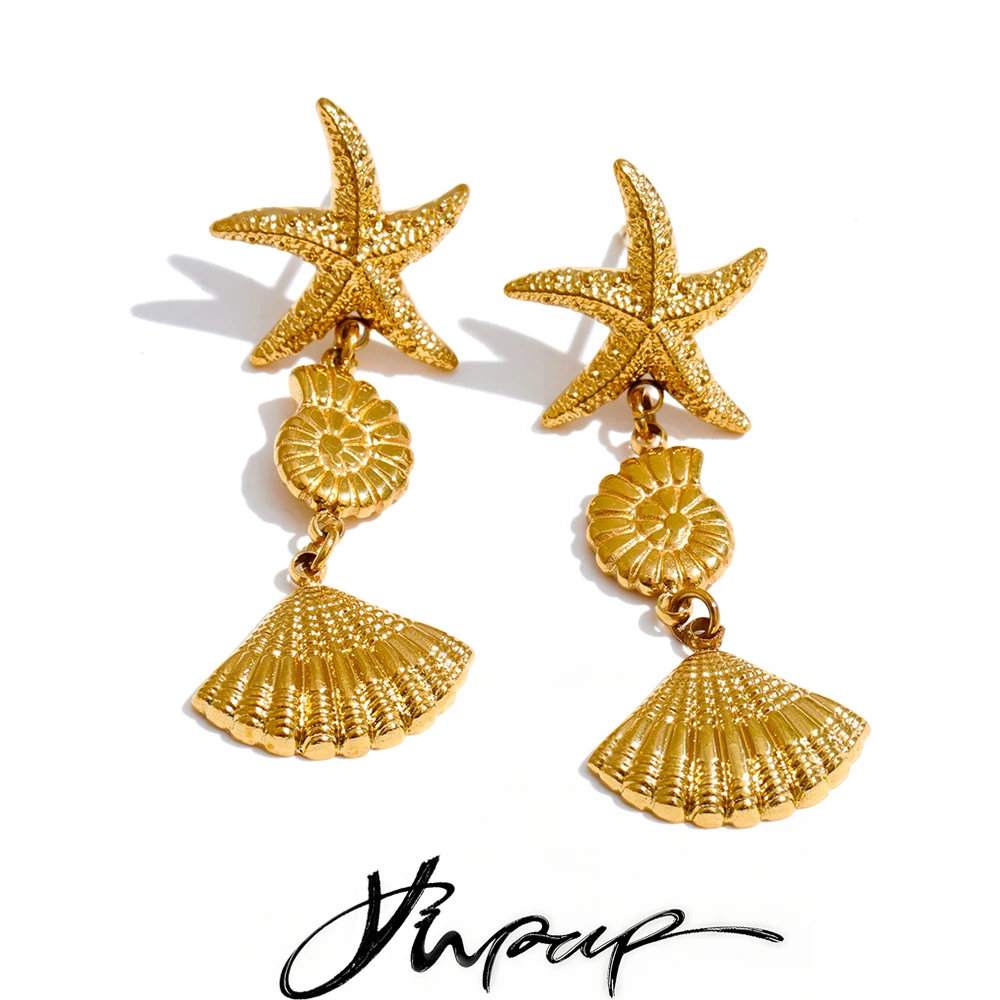 Yhpup Ocean Style Stainless Steel Metal Conch Shell Starfish Drop Earrings