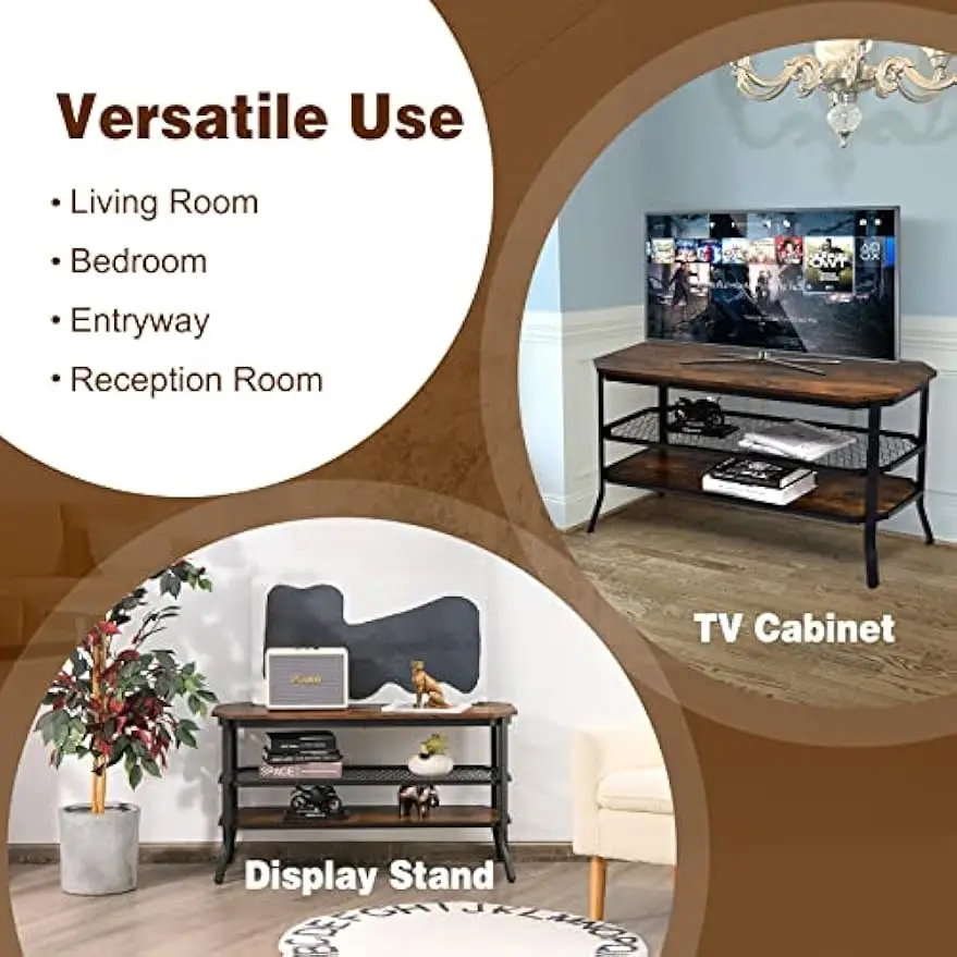 Industrial TV Stand for TVs up to 46", 3-tier Wood TV Cabinet with Steel Frame, Rustic Entryway Console Table 6