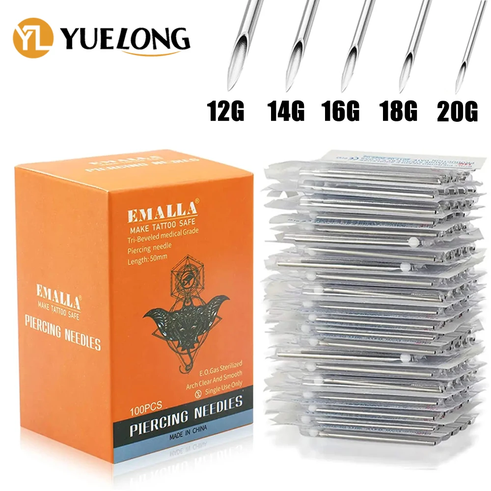 

100PCS Tattoo Piercing Needles 12G 14G 16G 18G 20G Sterile Disposable Body Piercing Needle for Ear Nose Navel Nipple Supplies