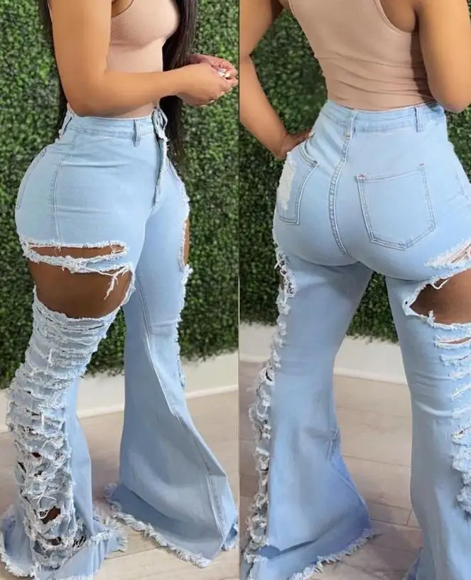 

Women's Pants 2024 Summer Fashion New High Waist Cutout Ripped Bootcut Jeans Casual Y2K High Waist Denim Trousers Streetwear