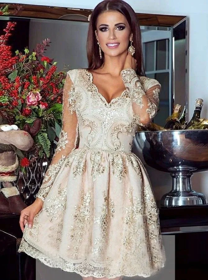 Cocktail Dresses Champagne Lace Full Sleeves Short Mini A Line Formal Party Prom Gowns Graduation Dress