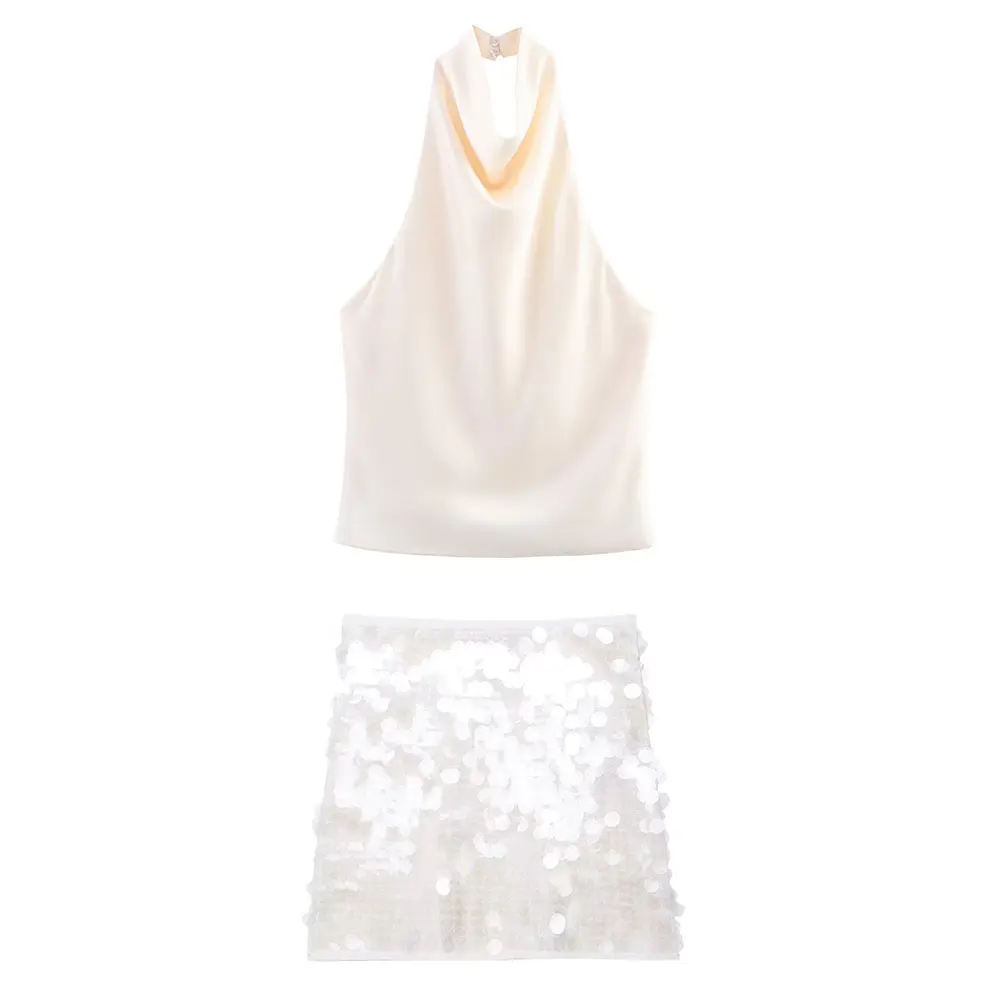 HH Women Sequins Skirts Suits High Waist Slim Mini Skirt Off Shoulder Halter Top Summer Sexy Lady Club Party Evening 2 Piece Set