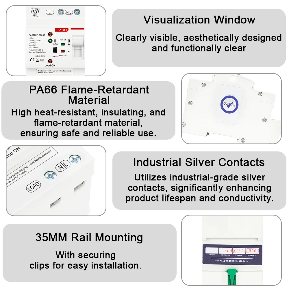 Din Rail Mini 2P 80A AC 220V 230V 50/60Hz ATS Dual Power Automatic Transfer Switch Smart Switch