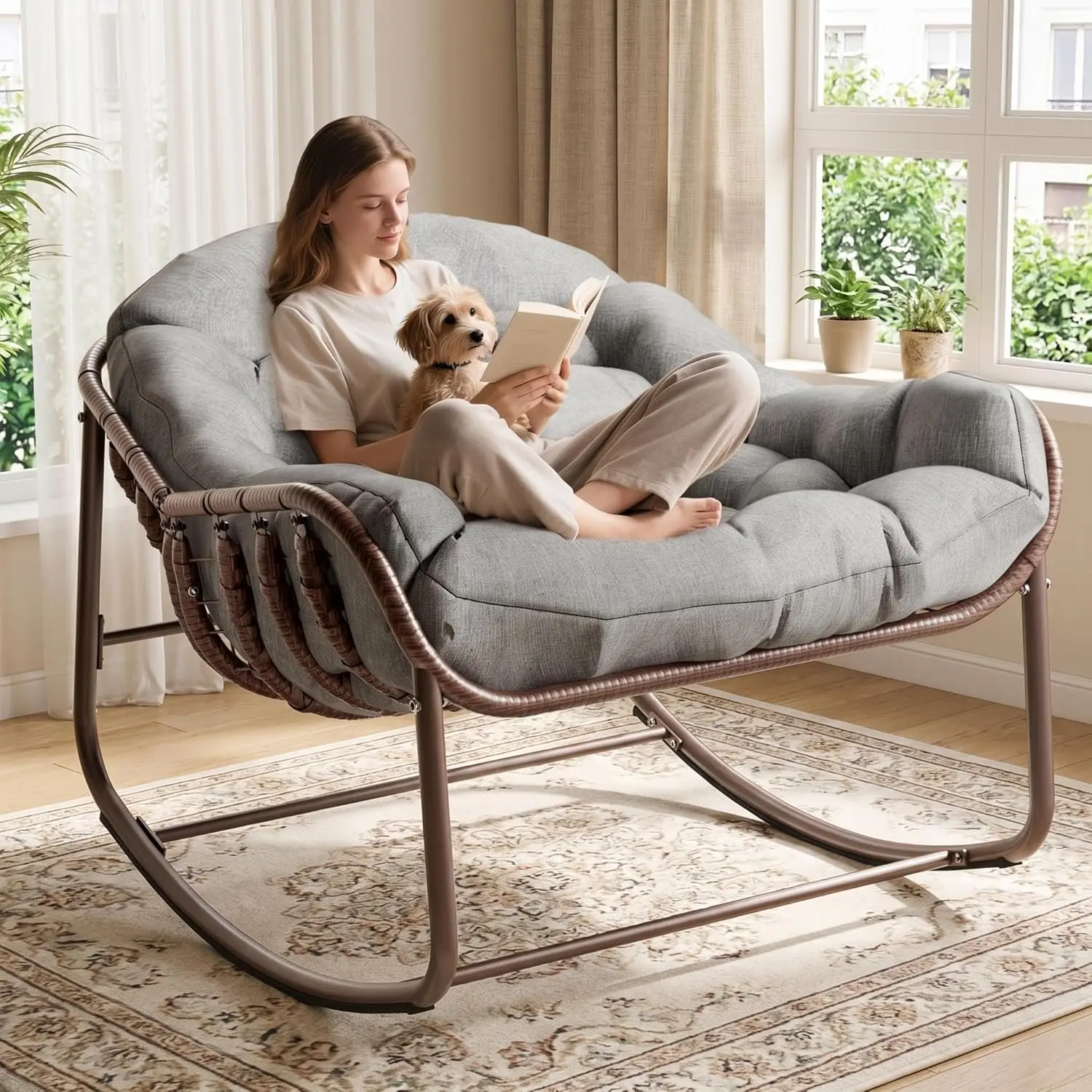 Oversized Rocking Chair,Wicker Rattan Relax Chair with Water-Resistant Cushion Sturdy Metal Frame for Sensory Comfort