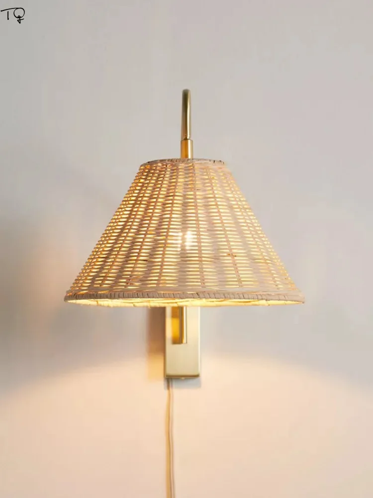 

Japanese Minimalist Rattan Weaving Art Decorative Wall Lamp Modern Light Fixtures Living Room Bedroom Bedside Lamp Homestay Cafe