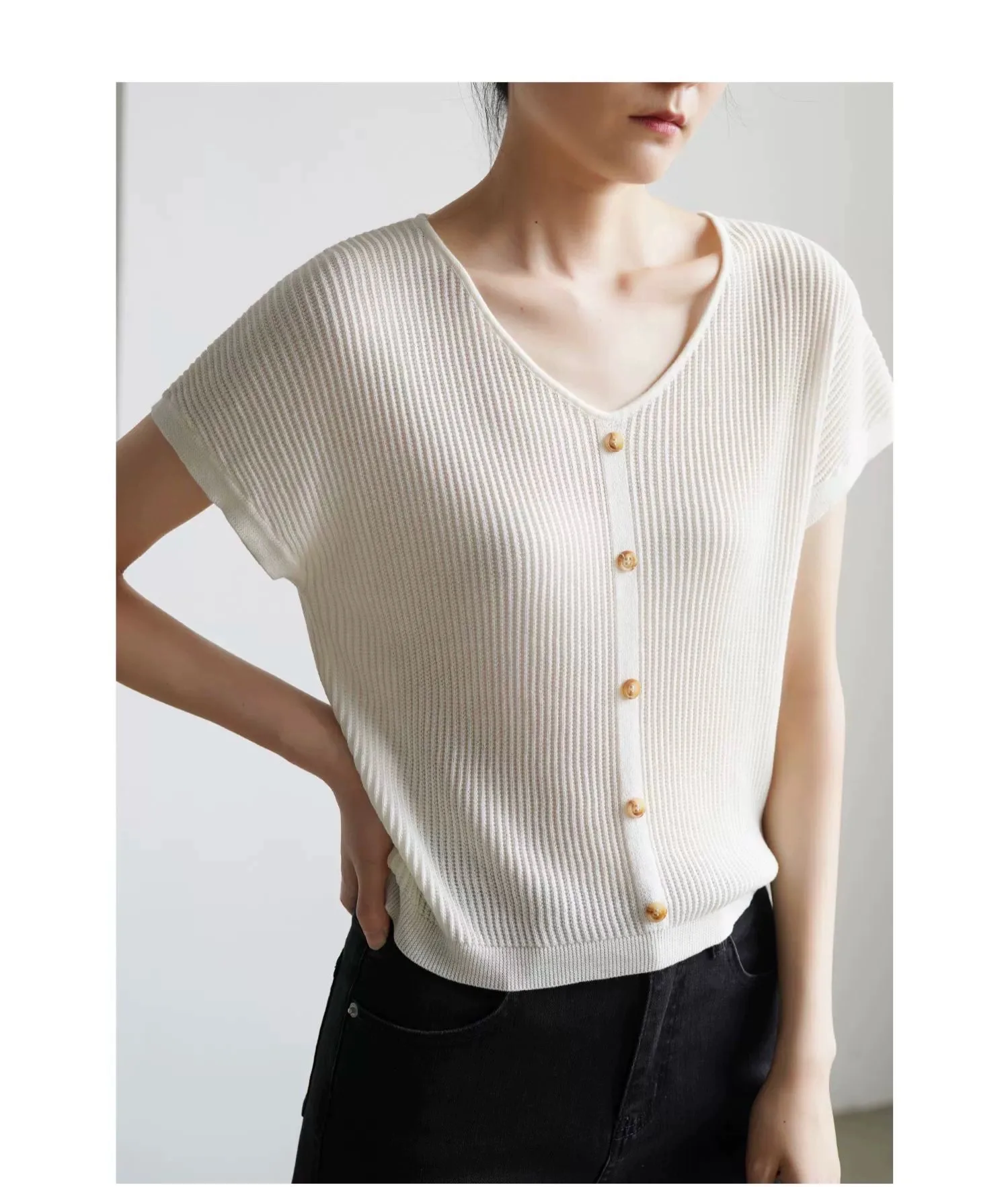 Senior sense of temperament V-neck ice silk knitwear women's summer casual loose short sleeve mulberry silk T-shirt slimming top