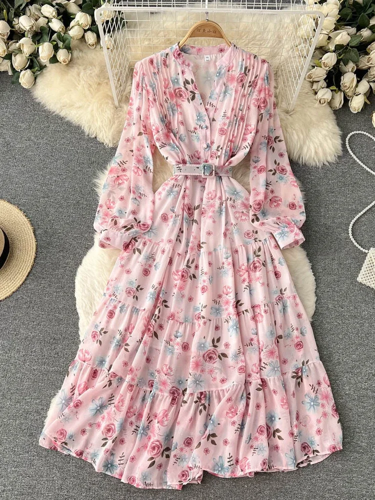 

Fashion V-neck long sleeve dress new spring chiffon floral long dress female super Sensen sweet little fresh fairy