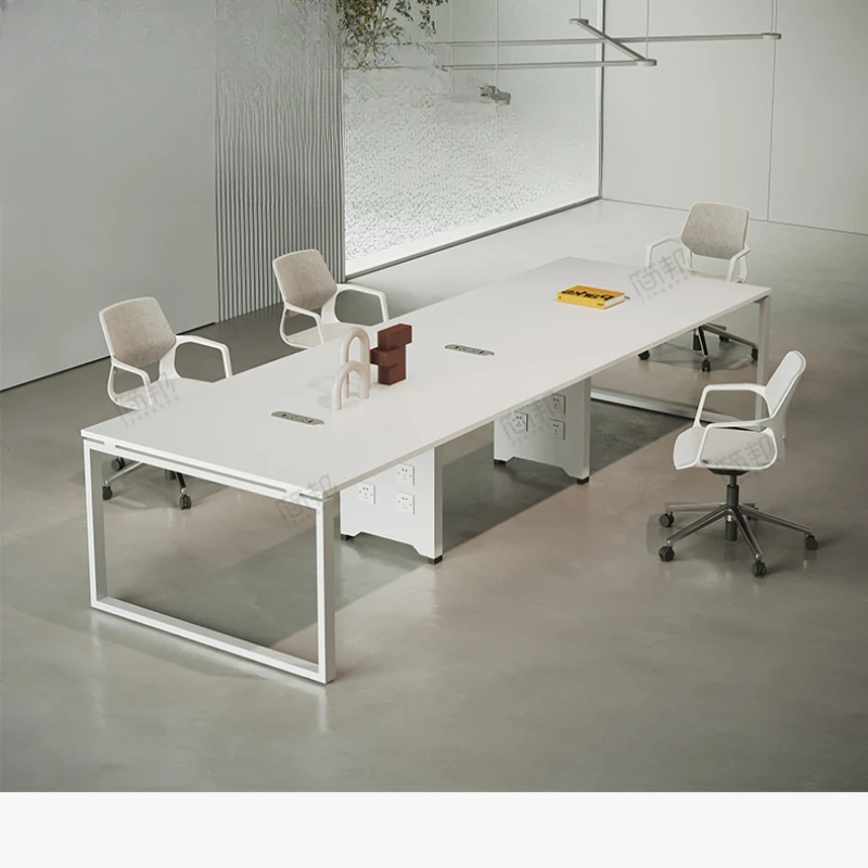 White conference table, simple reception and negotiation in conference room, modern long tables and chairs nordic gaming chair luxury office furniture solid wood computer chairs simple long sitting swivel chair lifting office chairs