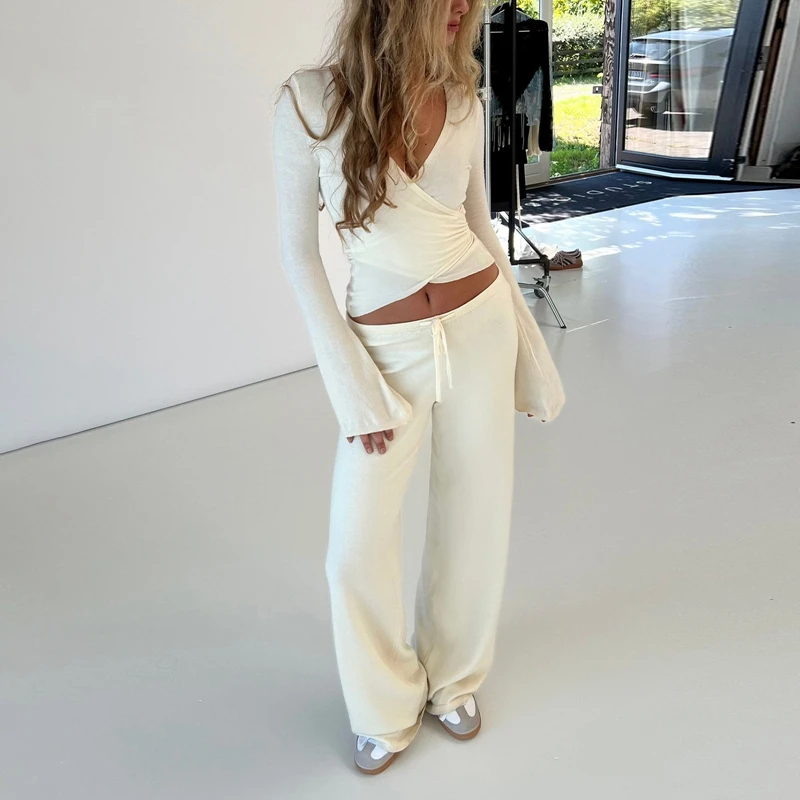 Women Fashion Lounge Set Vintage 2 Piece Outfit V Neck Waist Tie T-shirt + Elastic Waist Pants Autumn Long Sleeve Crop Tops 3