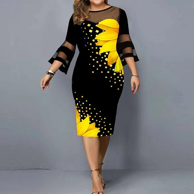 

Plus Size Dress for Women Elegant Fashion Print Midi Dress 2024 Autumn Winter Long Sleeve Slim Evening Party Dress