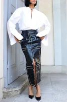 Women's Faux Leather Pencil Skirt Glamorous High Waisted Black with Studded Detailing and Side Slit  Edgy Chic Fashion Skirts - Image 2