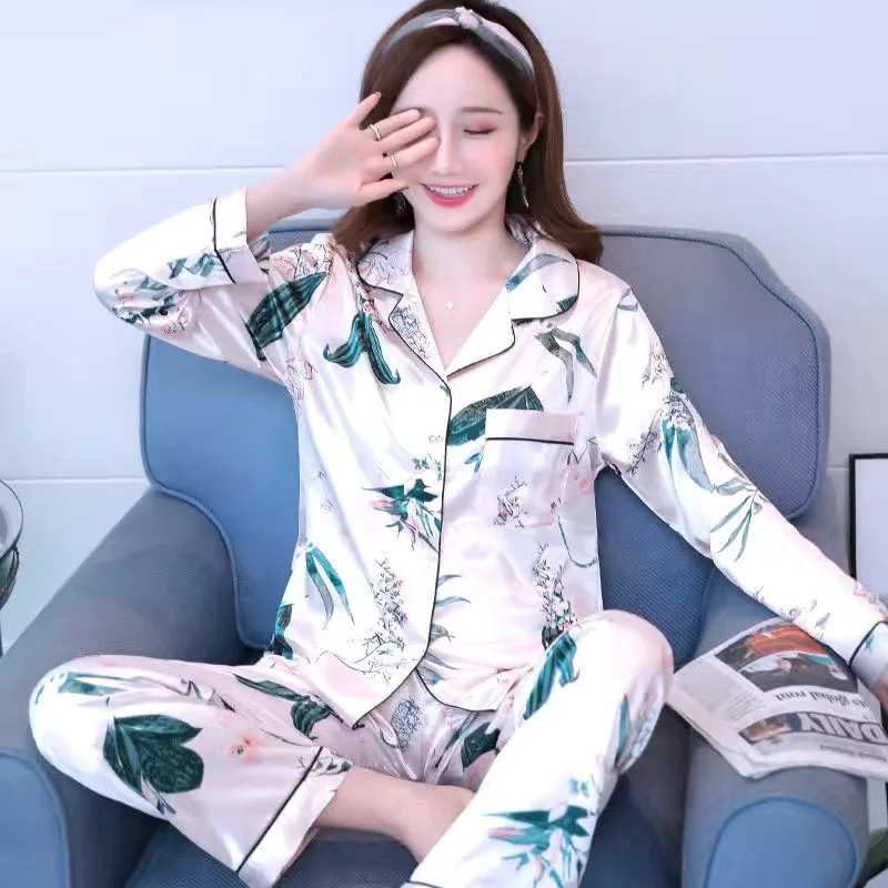 Spring Autumn Sleepwear Women Silk Pajamas Sets Long Sleeve Cardigan Pants Prints High-end Women's Clothing Trends Loungewear