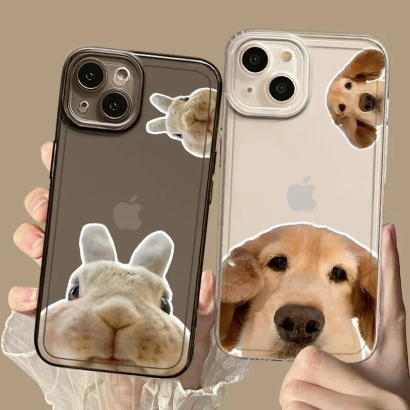 Funny Cartoon Dog and Rabbit Clear Couple Phone Case - Cute and Playful Design