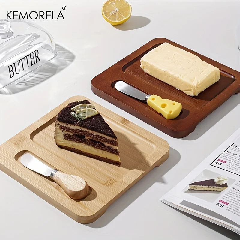 KEMORELA Wood Butter Dish Glass Lid Knife Cheese Cake Dessert Storage Plate Countertop Dish Butter Cheese Container
