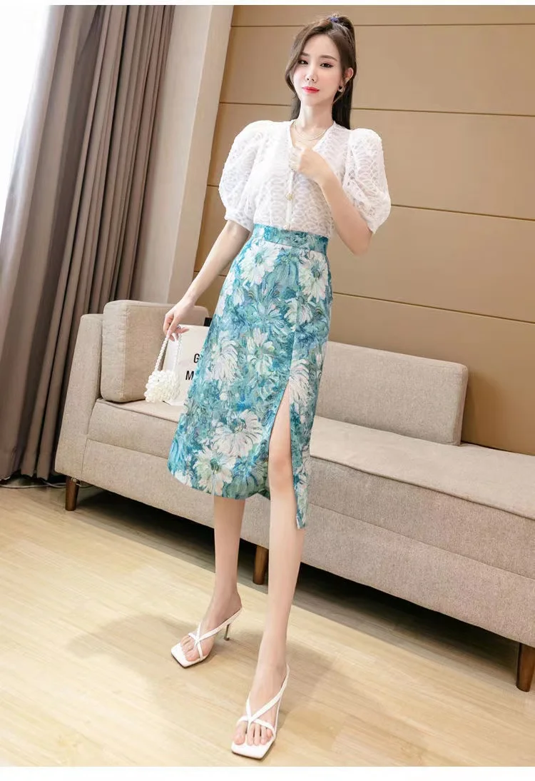 2022 Spring Summer Oil Painting Flower Print French Y2k Long Skirt Elegant Temperament Skirts Women's Clothing hoop skirt