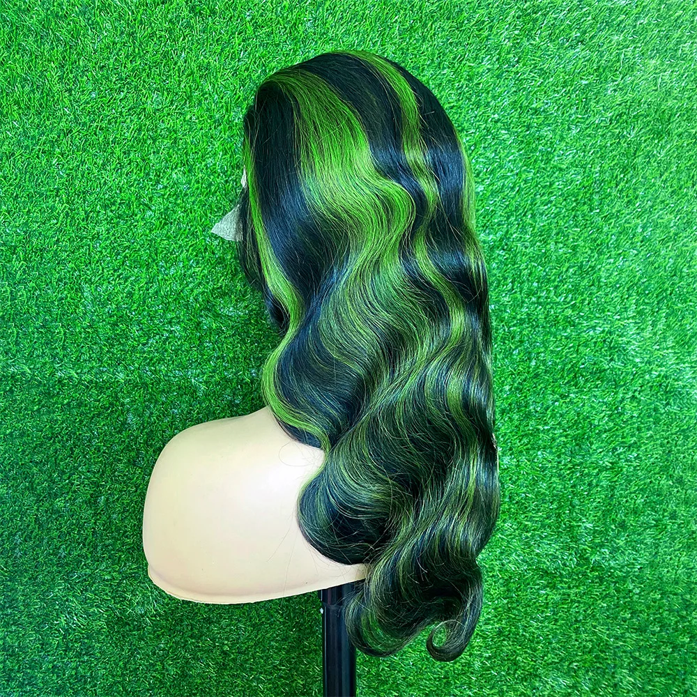 Highlight  Black With Green 13x6 Transparent Lace Frontal Wigs Human Hair Wig For Women Brazilian  Hair Glueless Full Lace Wigs