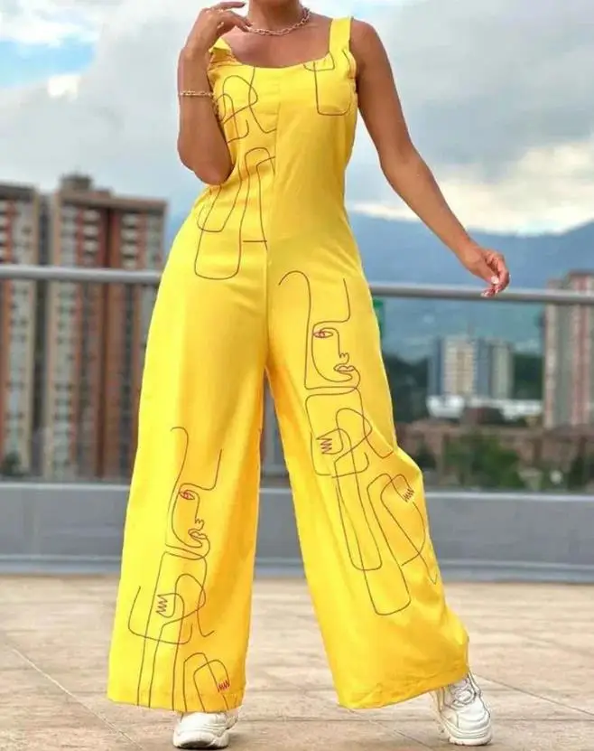 WomenJumpsuit2023SpringFashionFigurePrintThickStrapCasualU