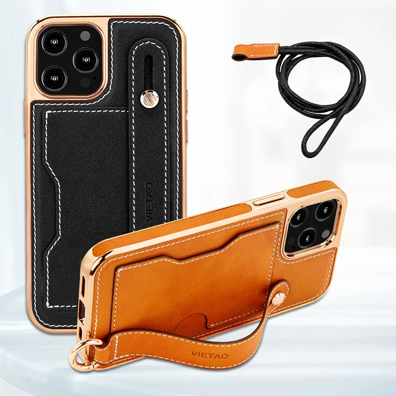

Case For iPhone 14 Pro Max 14 Plus 13 Pro Max 12 Pro Max Plating Wriststrap Bracket Card Portable Rope Mobile Phone Case Cover