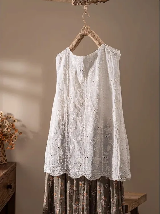 Pure Cotton Embroidered White Strapl Loose Fit Summer Top Women's Artistic Outerwear Meat Concealing Thin Sle Svel...