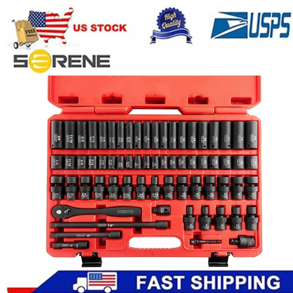 02471A 3/8” Impact Socket Set, 3/8” Drive, 67 Piece, Metric and Standard Sockets, Master Socket Set with Shallow & Deep Sockets