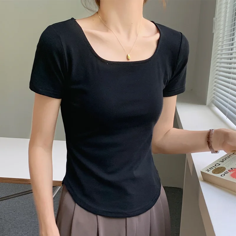 Women's Summer Cotton Short-Sleeve Curved Hem Slim Fit U-Neck Tee
