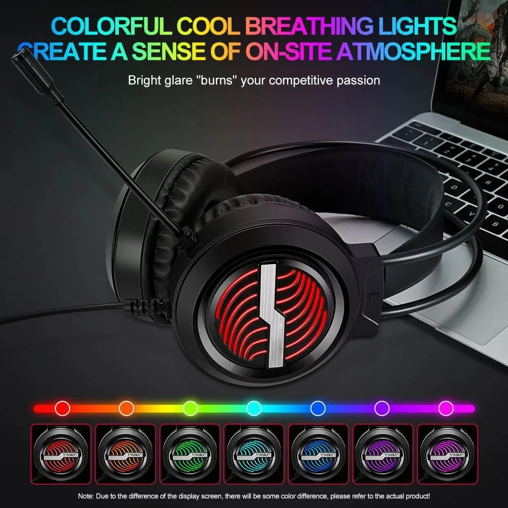 H130 USB 유선 게이밍 헤드셋(마이크 포함) RGB LED 백라이트 접이식 베이스 스테레오 헤드폰(PC 노트북 데스크탑용)